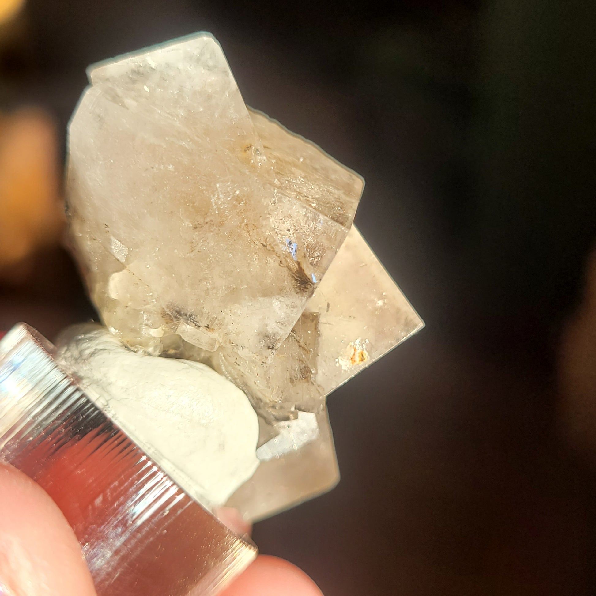 A Fluorite Bull Vein crystal from Lady Annabella, Co. Durham, England is held by a hand, mounted on a shiny metal display stand. The background is dark, making the clarity and internal details of this exquisite twin crystal from The Crystalary stand out prominently.