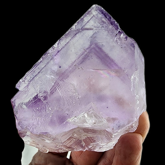 A hand holding a large, 256-gram Fluorite from Cave In Rock, Hardin County, Illinois. The light purple crystal from The Crystalary features a rough, jagged surface and clear, glassy facets. The background is solid black, highlighting the translucent and slightly iridescent qualities of the 6.9 x 5.6 x 4.4 cm mineral.