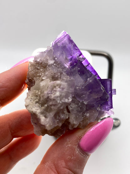 A hand with pink nails holds a partially translucent Fluorite mineral specimen from Cave in Rock, ex. Ben Clement - Hardin County, Illinois. The mineral features violet partial cubic crystals on top, transitioning into a white, more granular base. The background is a plain, white surface. This stunning piece is from The Crystalary collection.