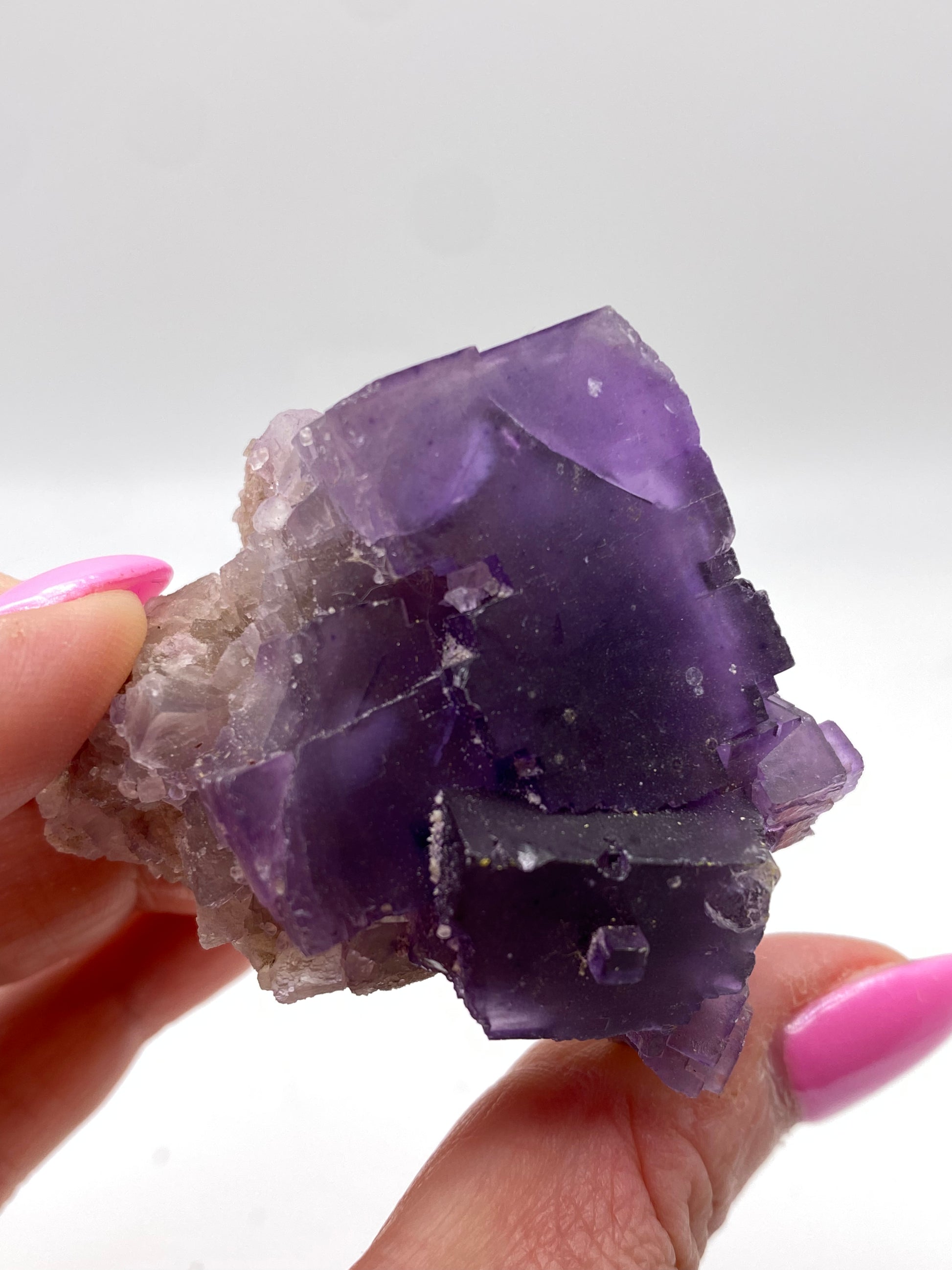 A close-up of a person holding "Fluorite, ex. Ben Clement - Cave in Rock, Hardin County, Illinois" by The Crystalary against a white background. The crystal formation, with its vivid violet partial cubes, contrasts beautifully with the person's pink-painted fingernails.