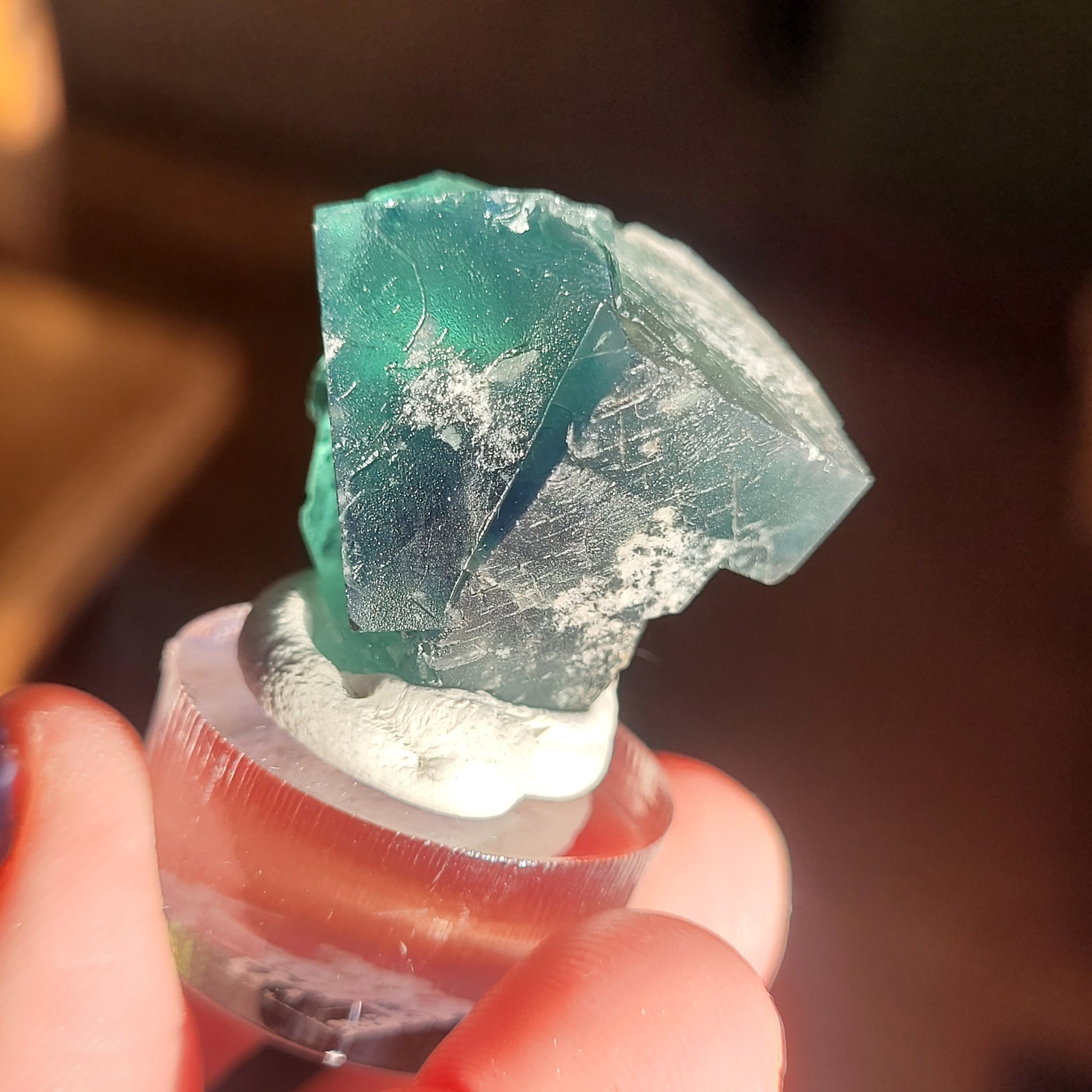 A close-up image of a hand holding a translucent green mineral, identified as the Fluorite-Excavator Terminator from Lady Annabella, Co. Durham, England, mounted on a clear display stand with putty. The mini specimen, sold by The Crystalary, has a crystalline structure and rough texture, with light reflecting off its surfaces. The background is blurred.