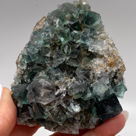 A person holding a large Fluorite- Fairy Holes Pocket, Lady Annabella, Co Durham, England cluster from The Crystalary. This stunning specimen features multiple translucent cubic formations in shades of green and teal, embedded in a rough, tan-colored matrix. The crystals' transparent green hues are beautifully highlighted against the plain white background.