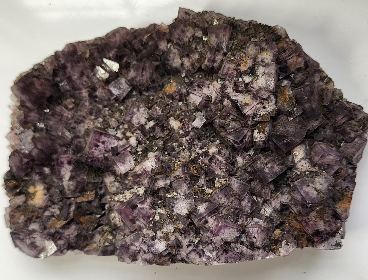 A stunning display of Fluorite from the Funky February pocket, sourced from Greenlaws Mine in Co. Durham, England by The Crystalary. This piece features a cluster of cubical purple crystals with hints of yellow and metallic inclusions, all set against a white background. The varying sizes and deep purple hues exhibit both translucent and opaque sections, making it a truly unique specimen.