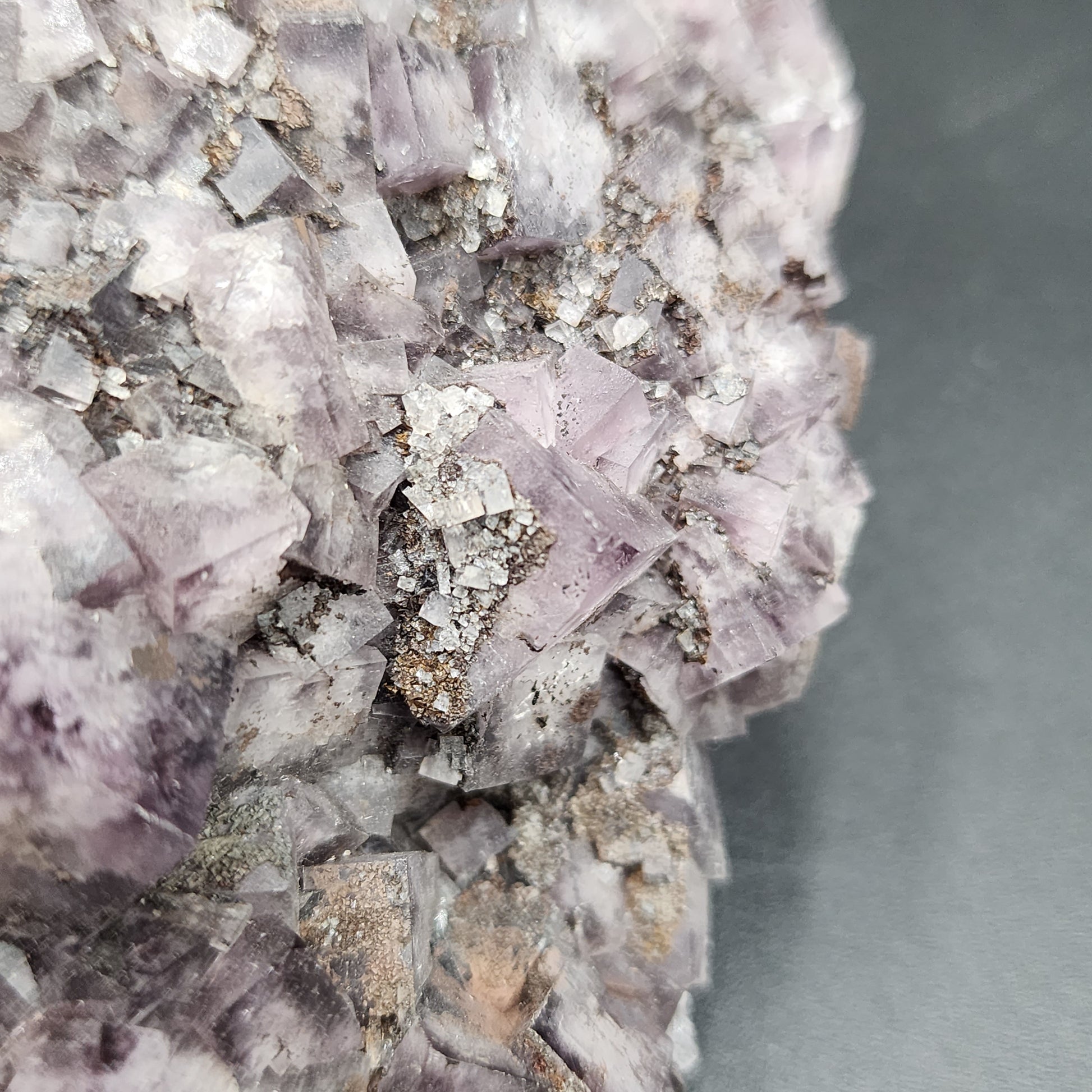 Close-up image of a cluster of Fluorite, Funky February crystals from the Greenlaws Mine in Co. Durham, by The Crystalary. The purple cubic crystals have a slightly rough and textured appearance and are set against a dark background. Some areas show a mix of small, shiny, translucent, and opaque facets with hints of brown inclusions.