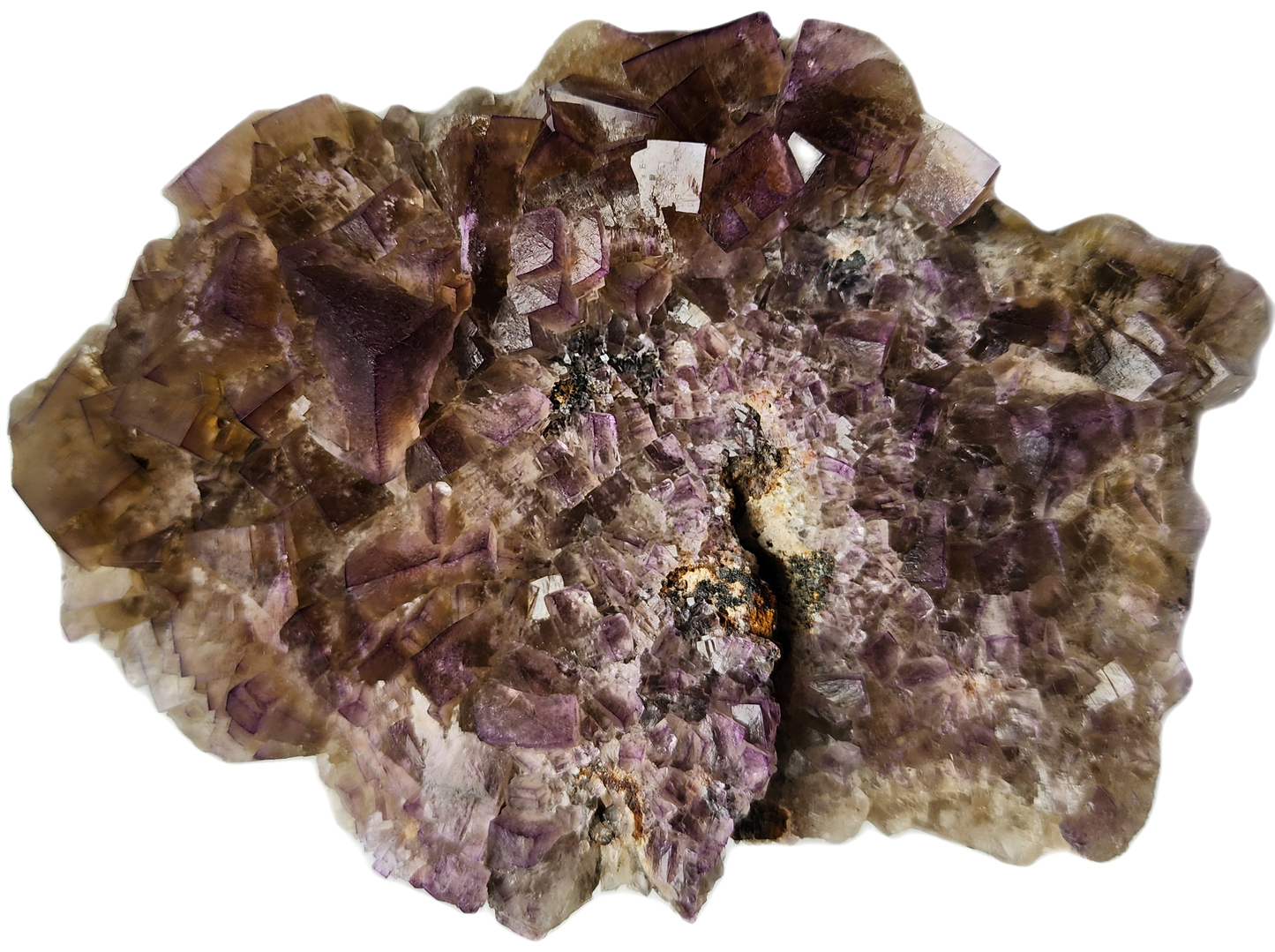 A detailed close-up of the Fluorite from the Funky February Pocket at Greenlaws Mine, Co. Durham, offered by The Crystalary, reveals crystalline structures predominantly purple with hints of brown and grey. Amidst the intricate patterns and varying shapes, the vibrant yellow core stands out, making the inner texture even more mesmerizing.