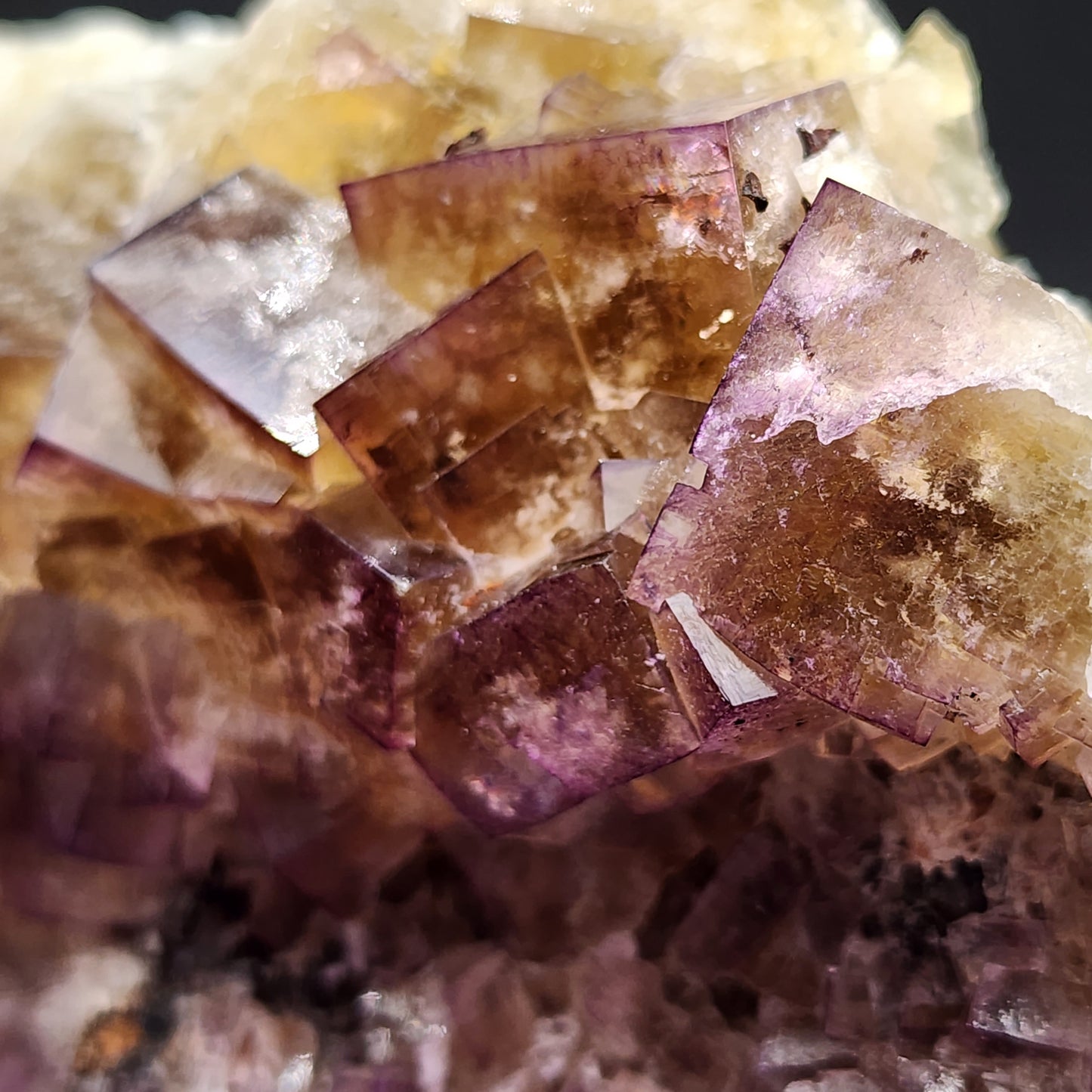 A close-up shot of the Fluorite specimen from The Crystalary, specifically from the Funky February Pocket at Greenlaws Mine, Co. Durham, England. The mineral features cube-shaped crystals that are translucent with shades of purple and brown, highlighted by a vibrant yellow core. The edges are sharp and the surface slightly reflective, showcasing intricate texture and color details.