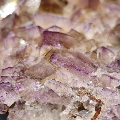 Close-up image of a raw Fluorite crystal from the Funky February Pocket in Greenlaws Mine, Co. Durham, England. The surface displays various shades of purple and a range of translucent to opaque textures, giving it a rugged and intricate appearance. The light reflects off several facets, enhancing the gemstone's natural beauty. This exquisite specimen is brought to you by The Crystalary.