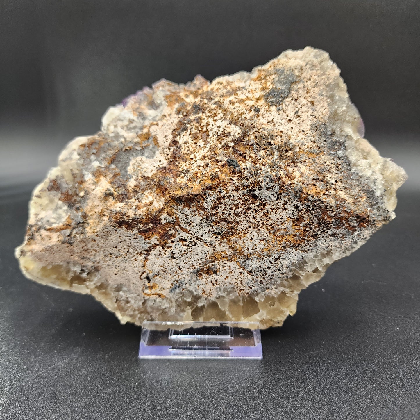 A rough, mineral-laden specimen of Fluorite from the Funky February Pocket at Greenlaws Mine in Co. Durham, England, sits on a small, transparent stand. Offered by The Crystalary, this rock's surface exhibits a mix of earthy tones—brown, gray, and beige—with a textured and uneven appearance set against a dark background.