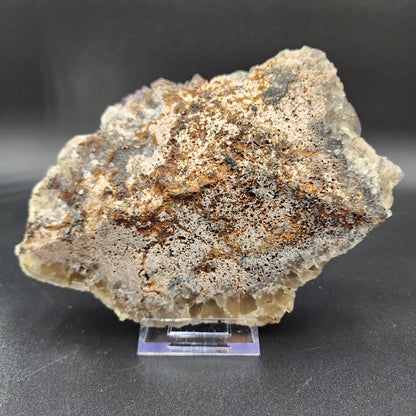 A rough, mineral-laden specimen of Fluorite from the Funky February Pocket at Greenlaws Mine in Co. Durham, England, sits on a small, transparent stand. Offered by The Crystalary, this rock's surface exhibits a mix of earthy tones—brown, gray, and beige—with a textured and uneven appearance set against a dark background.