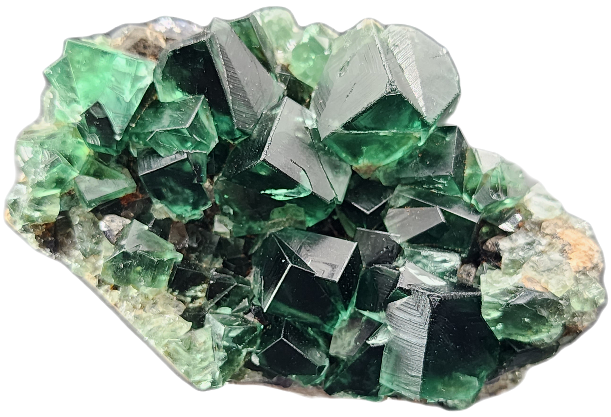 A close-up image of a cluster of emerald green Fluorite from the Greedy Hog Pocket, Diana Maria mine in Co. Durham, England. This stunning specimen, available through The Crystalary, features transparent crystals with sharp geometric edges that vary in size and shape. The intricately interwoven cluster beautifully showcases the natural beauty and vibrant color of this exquisite mineral.