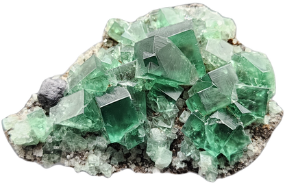 A striking green fluorite specimen from The Crystalary's Greedy Hog Pocket at the Diana Maria mine in Co. Durham, England showcases well-formed crystalline structures on a rocky base. The angular transparent crystals exhibit varying intensities of green, with some a deeper shade and others lighter, creating an intricate and mesmerizing pattern.