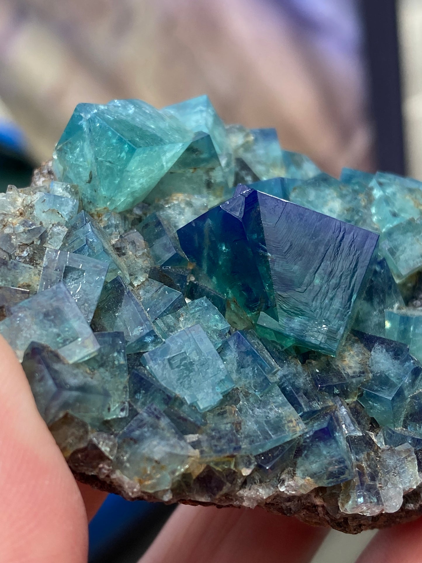 A close-up image of a cluster of vibrant, multifaceted green Fluorite- Heavy Metal Pocket crystals from the Diana Maria Mine in Weardale, Co Durham, UK. Shades of blue and purple are held between a person's fingertips. The crystals reflect light, showcasing their intricate formations and natural beauty under the brand name "The Crystalary.