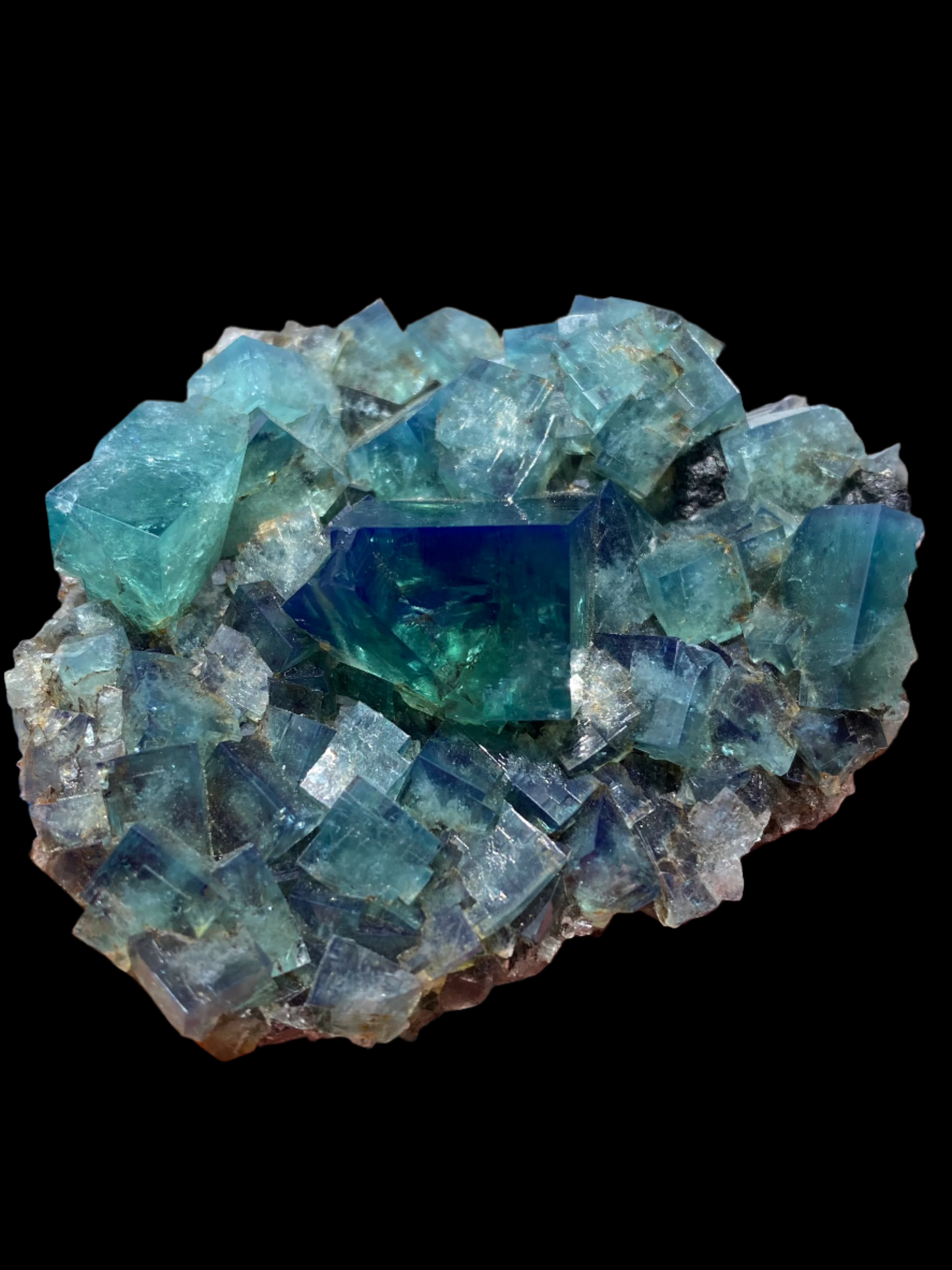 A Fluorite- Heavy Metal Pocket from the Diana Maria Mine in Weardale, Co Durham, UK, offered by The Crystalary, features a cluster of blue-green fluorite crystals with UV reactivity. They are presented against a black background and structured in cubic formations, exhibiting varying shades of blue and green with a translucent quality that reflects light on some edges.