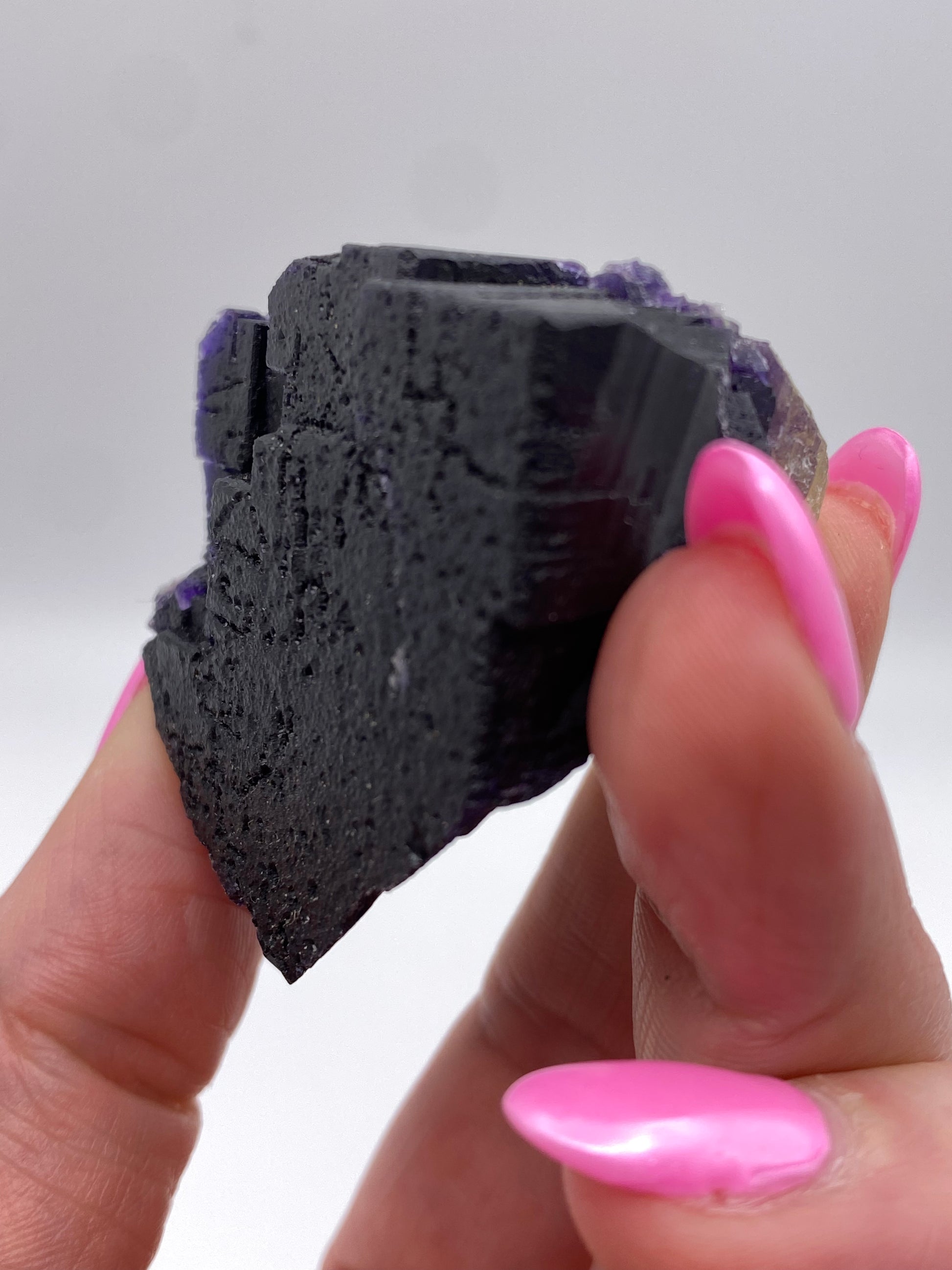 A close-up image features a hand with pink manicured nails holding a rugged, dark-colored mineral specimen against a plain, light background. The mineral, identifiable as Fluorite from The Crystalary's Hill-Ledford Mine in Hardin County's Cave-In-Rock Mining Sub-District, has a jagged texture and visible purple accents indicative of its unique characteristics.