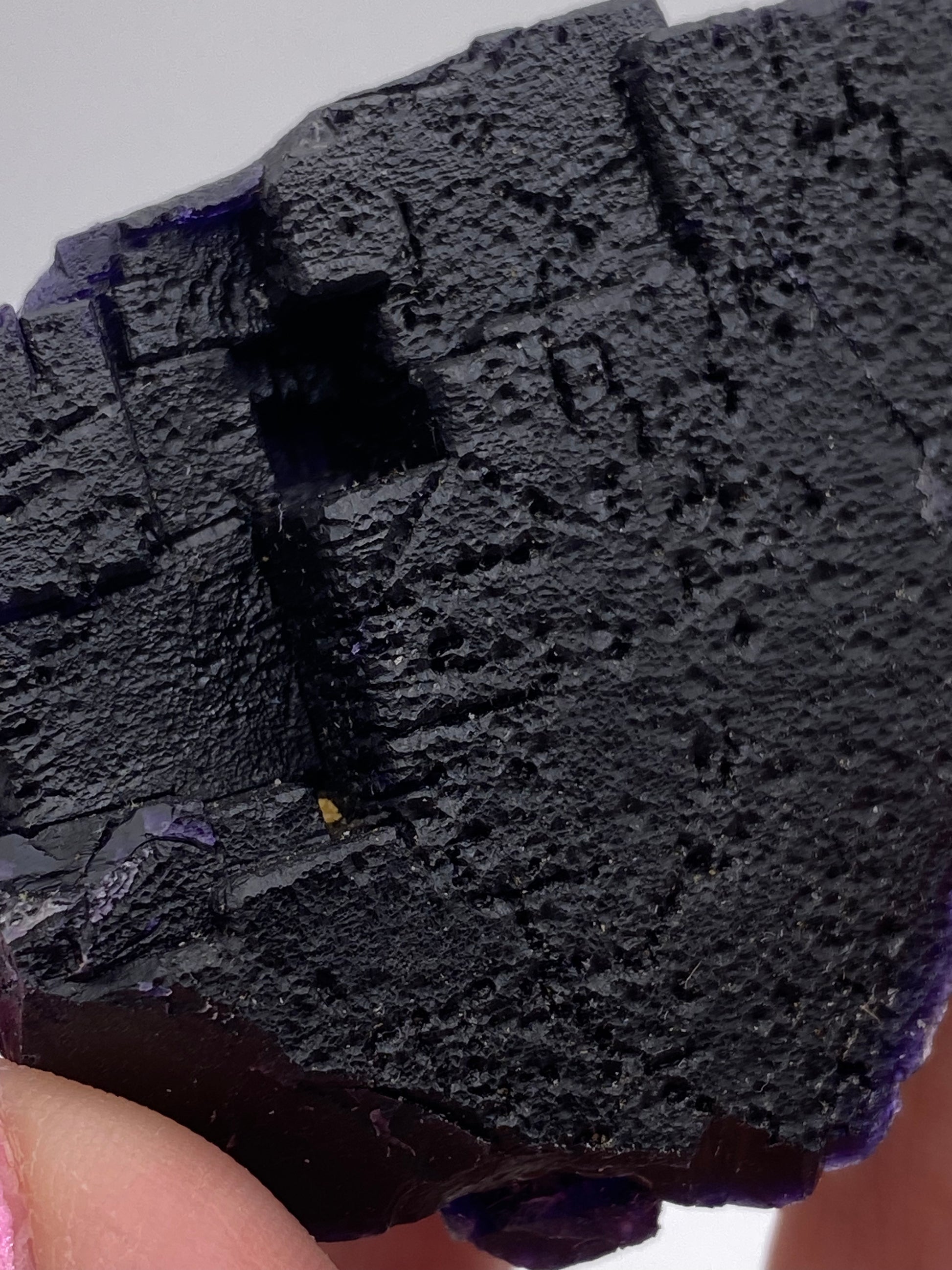 Close-up image of a person's fingers holding a black, textured Fluorite specimen from Hardin County. The Crystalary Hill-Ledford fluorite exhibits a cubic crystalline structure with deep grooves and surface imperfections. The top edge shows some purple coloration, resembling those found in the Cave-In-Rock Mining Sub-District in Illinois, USA.