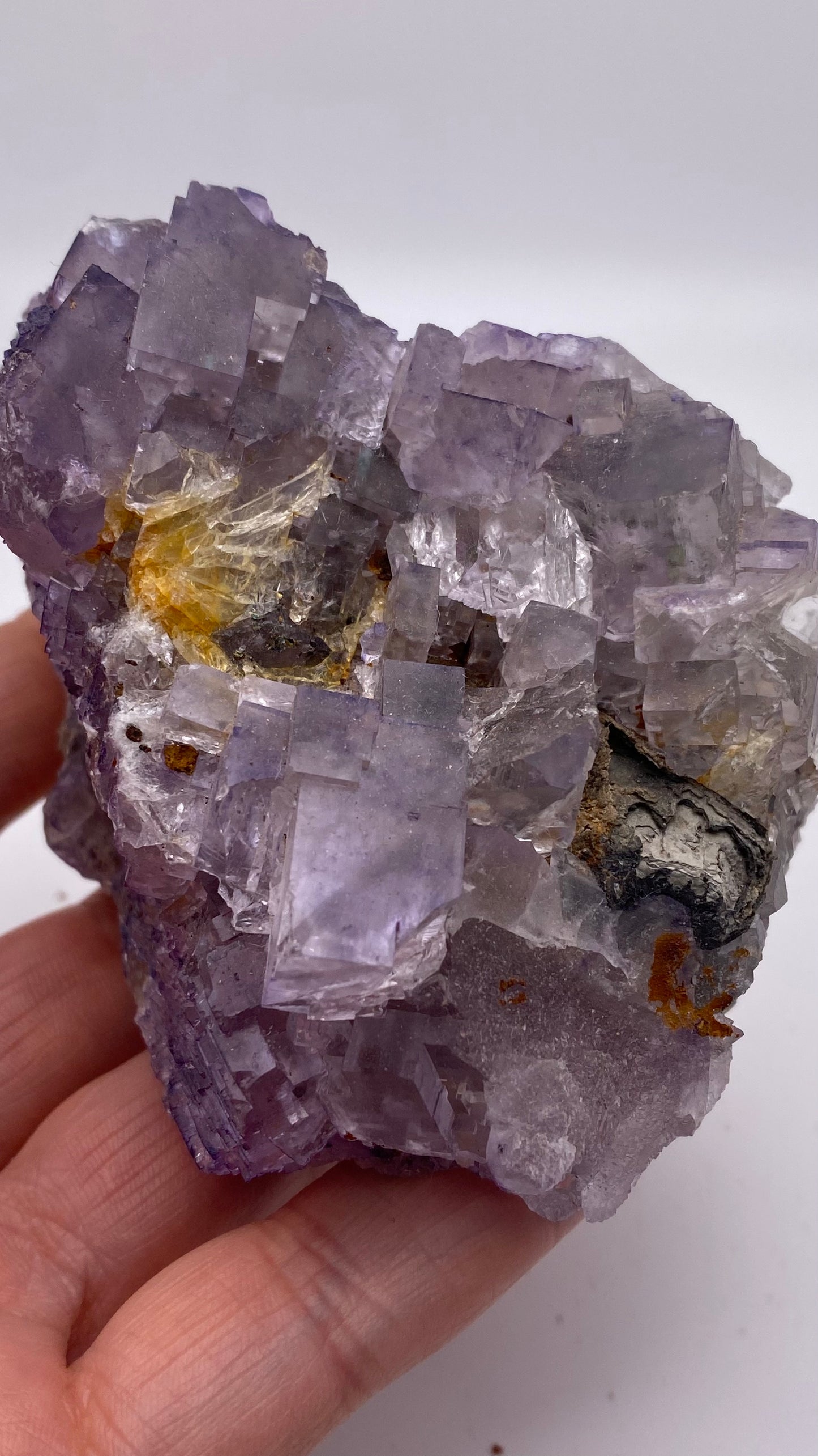 A hand holds The Crystalary's Fluorite- Lead Hill, Cave-In-Rock, Hardin County, Illinois specimen. This large and intricate purple fluorite crystal features sharp, square formations with interspersed yellow and dark mineral inclusions that provide a striking contrast to its predominantly lavender hues. The plain white background ensures the crystal remains the focal point of the image.