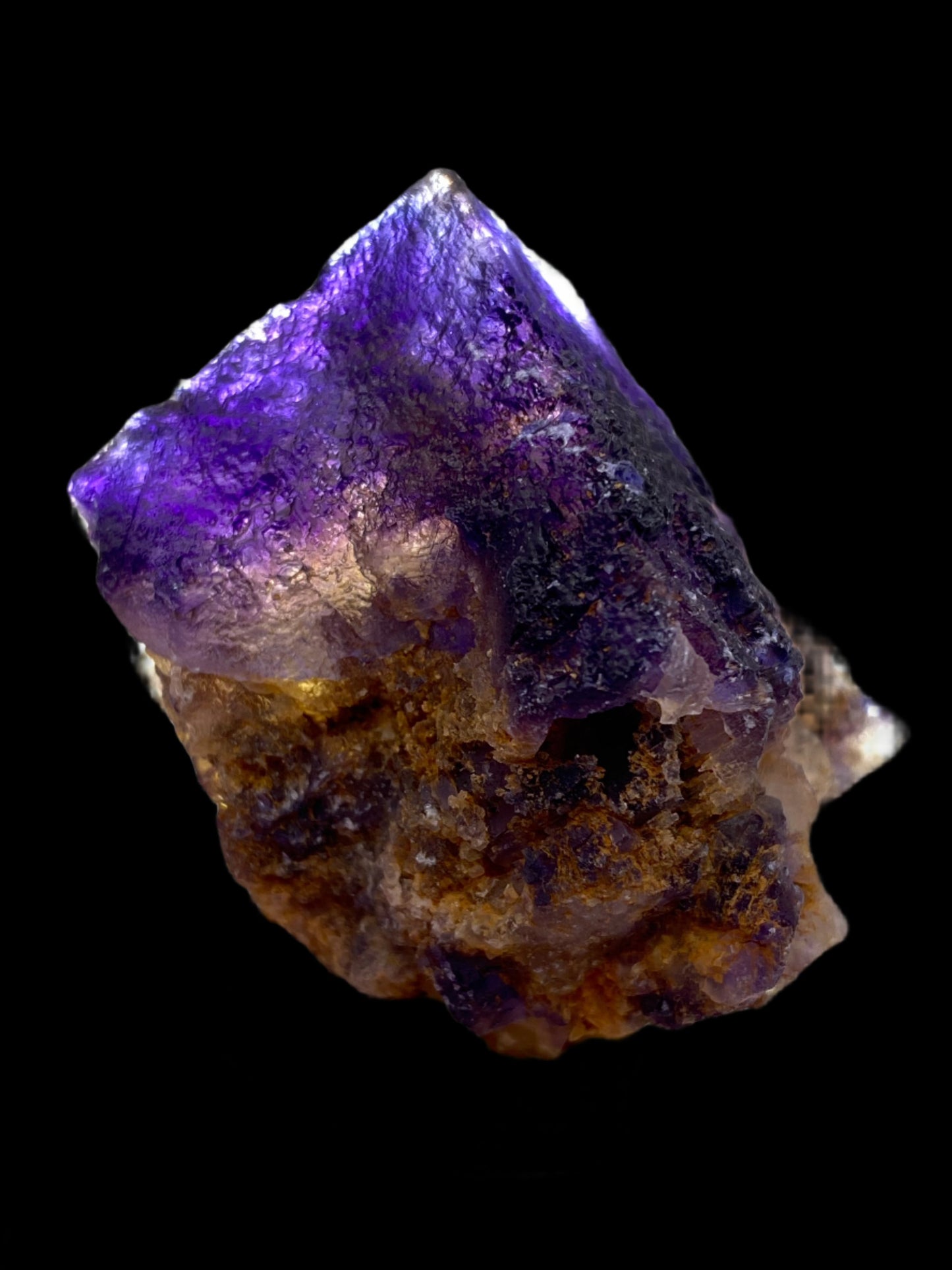 A close-up view of a rough Fluorite crystal from Minerva Mine Number 1 in Hardin County, Illinois, showcased against a black background. The mineral, available from The Crystalary, features vibrant deep purple hues with areas of translucency and earthy brown inclusions that give it a natural and unpolished look.