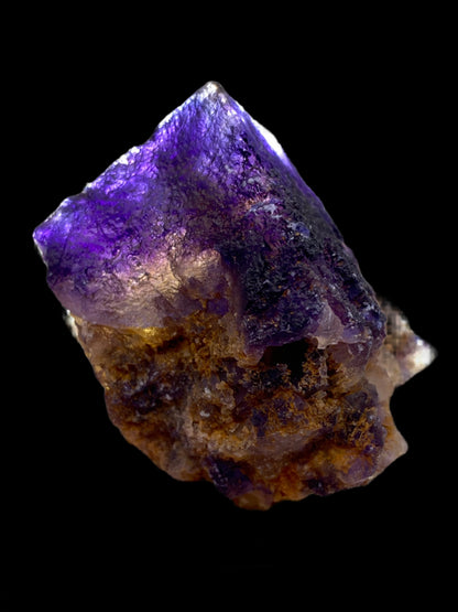 A close-up view of a rough Fluorite crystal from Minerva Mine Number 1 in Hardin County, Illinois, showcased against a black background. The mineral, available from The Crystalary, features vibrant deep purple hues with areas of translucency and earthy brown inclusions that give it a natural and unpolished look.