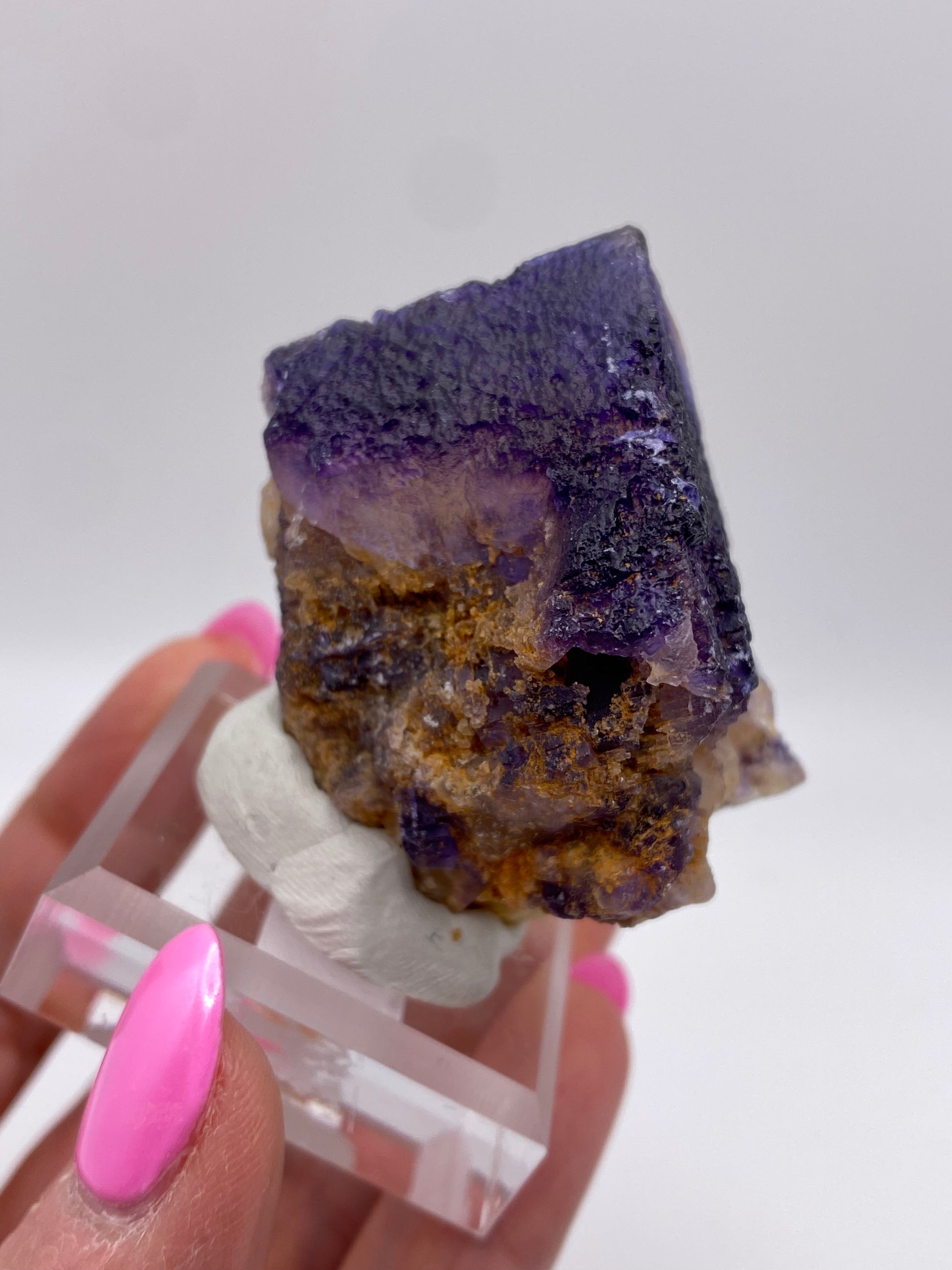 A hand with bright pink nails holds a rectangular, clear display base showcasing the The Crystalary's Fluorite from Minerva Mine Number 1, Hardin County, Illinois. The deep violet partial cube features purple, brown, and translucent sections with rough, textured surfaces and is mounted on a white support within the display base.