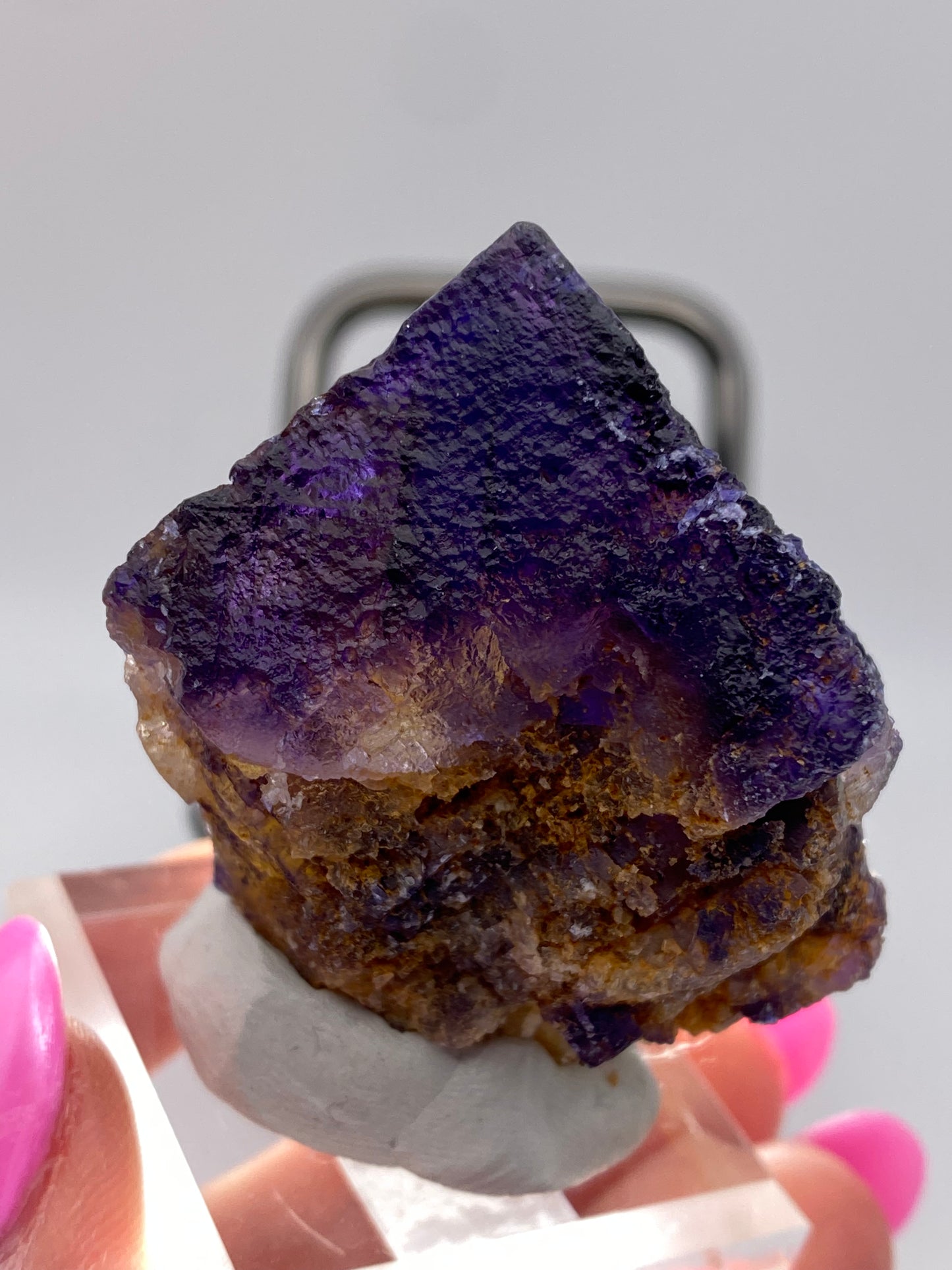 A hand with pink nail polish holds a deep violet partial cube crystal with a rough texture. The Fluorite-Mineral from Hardin County's renowned Minerva Mine Number 1, part of The Crystalary collection, rests on gray putty mounted on a clear acrylic stand. The background is blurred and white.