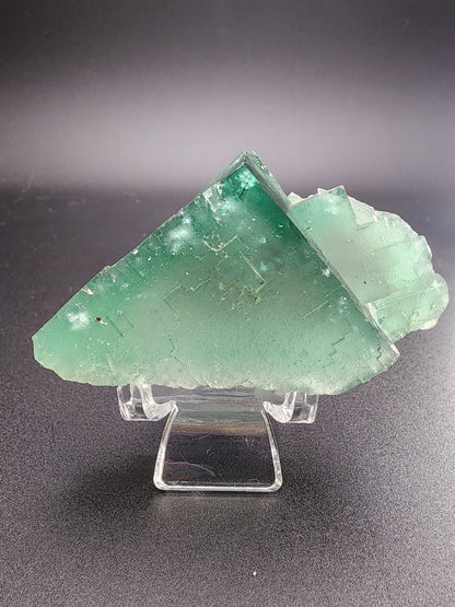 A vibrant green Fluorite crystal from the Poison Ivy Pocket, Lady Annabella, Co Durham, England, UK, offered by The Crystalary is displayed on a clear stand against a dark background. The crystal's surface has a frosted appearance with visible natural formations and gemmy edges, showcasing its intricate beauty.