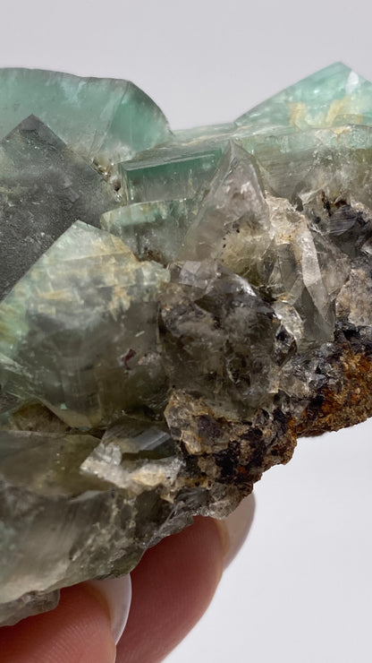 Close-up image of a person's hand holding a cluster of translucent gemmy Green Fluorite crystals from "Fluorite- Poison Ivy Pocket, Lady Annabella, Co Durham, UK," by The Crystalary. The crystals have sharp, jagged points and varying shades of green and clear, with some brownish and dark areas on the rocky base. Under ultraviolet light, the crystals exhibit fascinating fluorescence.