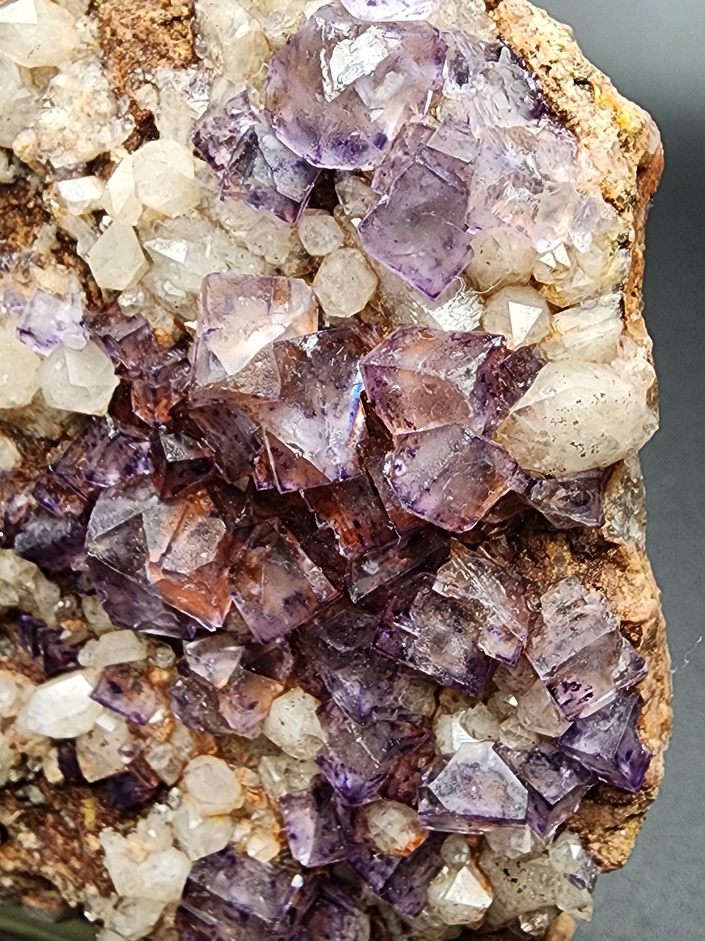 Close-up image of a rock showcasing purple and white crystalline formations. The crystals vary in size, with the larger ones being Fluorite Quartz- Nonsense Pocket from Crystal Peak, Park County, Colorado, interspersed with smaller, milky quartz crystals. The texture is rough, highlighting the intricate details of the minerals. This exquisite specimen is offered by The Crystalary.