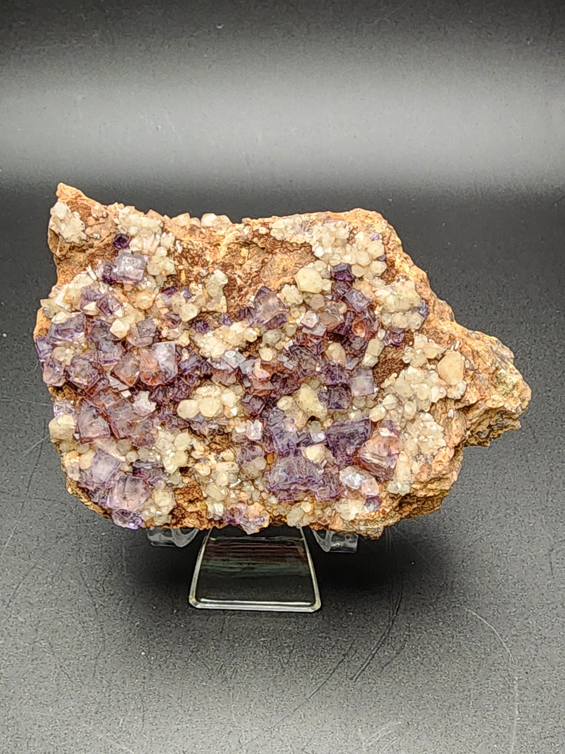 The Fluorite Quartz from Nonsense Pocket at Crystal Peak, Park County, Colorado, by The Crystalary features clusters of lilac-colored cubic crystals of Colorado purple fluorite, surrounded by smaller milky quartz crystals on a rough brown rock matrix. The specimen is elegantly displayed on a small clear stand against a dark gray background.