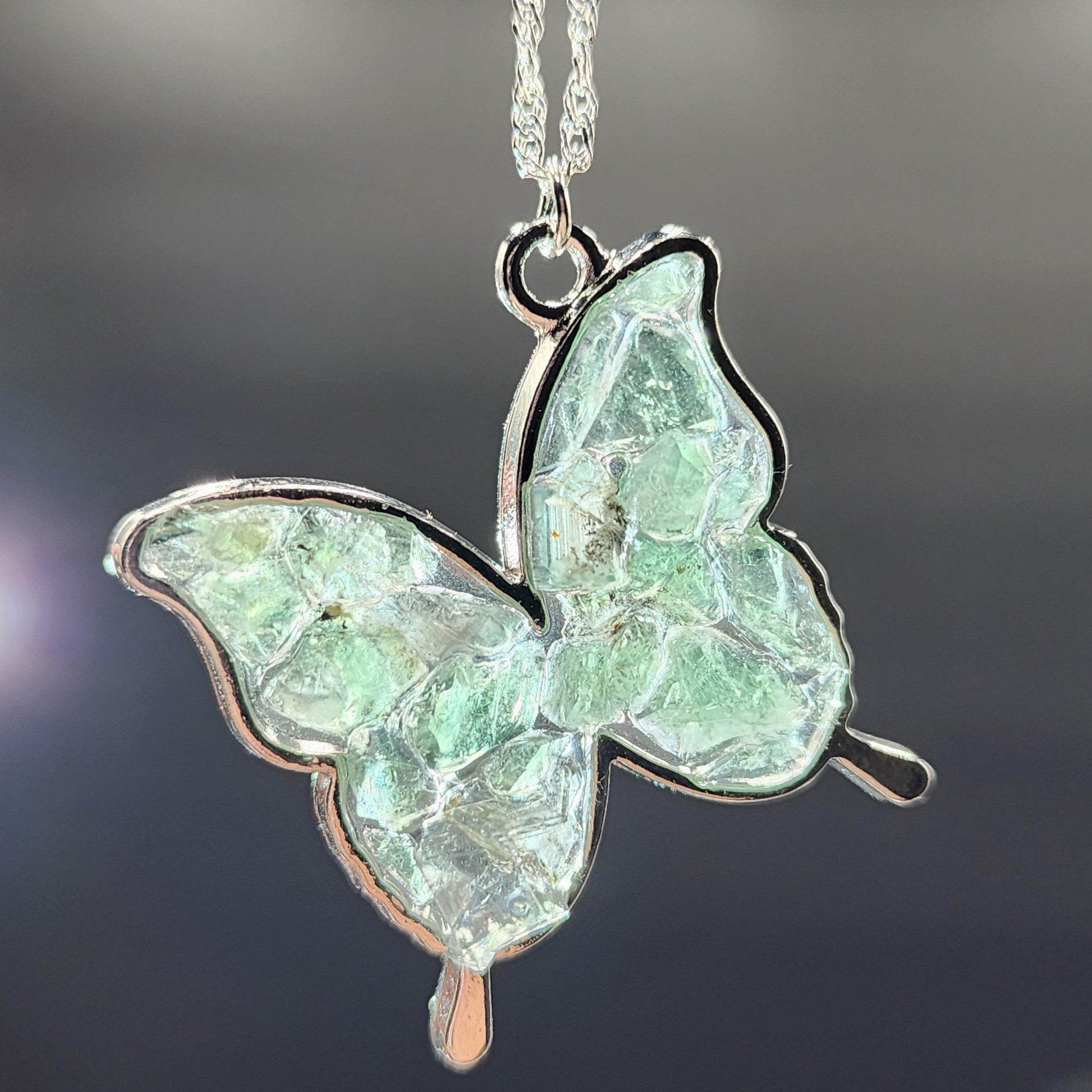 Fluorite Silver Butterfly necklace, Diana Maria Mine fluorite - - The Crystalary