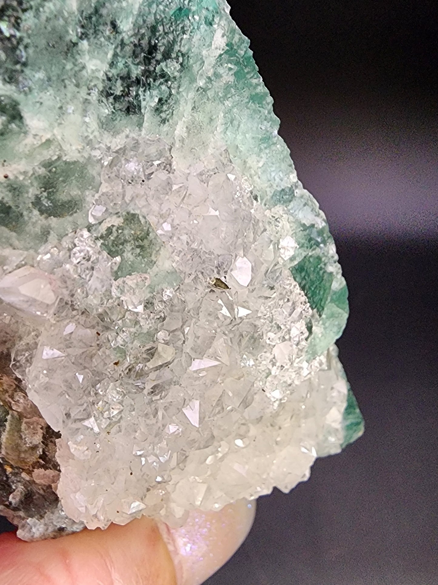 Close-up image of a hand holding a Fluorite- Supernova Pocket crystal cluster from the Diana Marie Mine in Weardale, Co. Durham, England. This exquisite piece from The Crystalary showcases crystals that are mostly transparent with intriguing green-tinted areas. The dark background enhances the crystal formations, making their intricate and reflective surfaces stand out prominently.