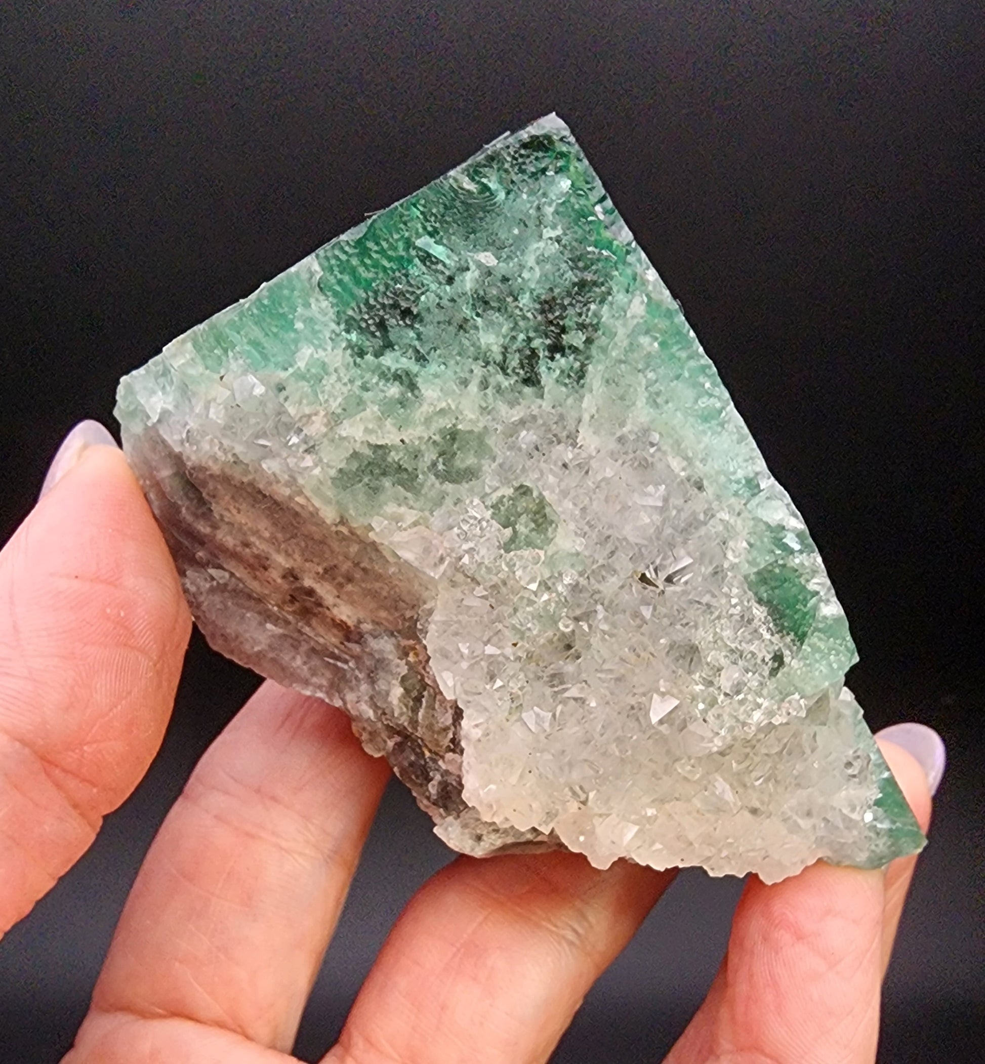 A hand holds a beautiful Fluorite- Supernova Pocket, sourced from the Diana Marie Mine in Weardale, Co. Durham, England. This crystal specimen from The Crystalary showcases a jagged surface with various shades of green and white, exhibiting a translucent, crystalline texture reminiscent of classic fluorite crystals. The dark and blurred background accentuates the intricate details of this stunning mineral.