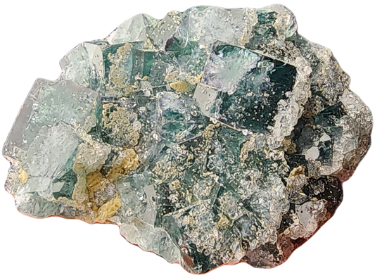 A close-up image of a crystalline mineral specimen from Nigeria. The crystal, likely fluorite or a quartz combination, is predominantly green with some clear and white sections and has a rough, irregular surface. Small flecks of yellowish material are scattered across the crystal.
**Product:** Fluorite- The Superior Mine
**Location:** Mambilla Plateau, Nigeria, Africa
**Brand:** The Crystalary