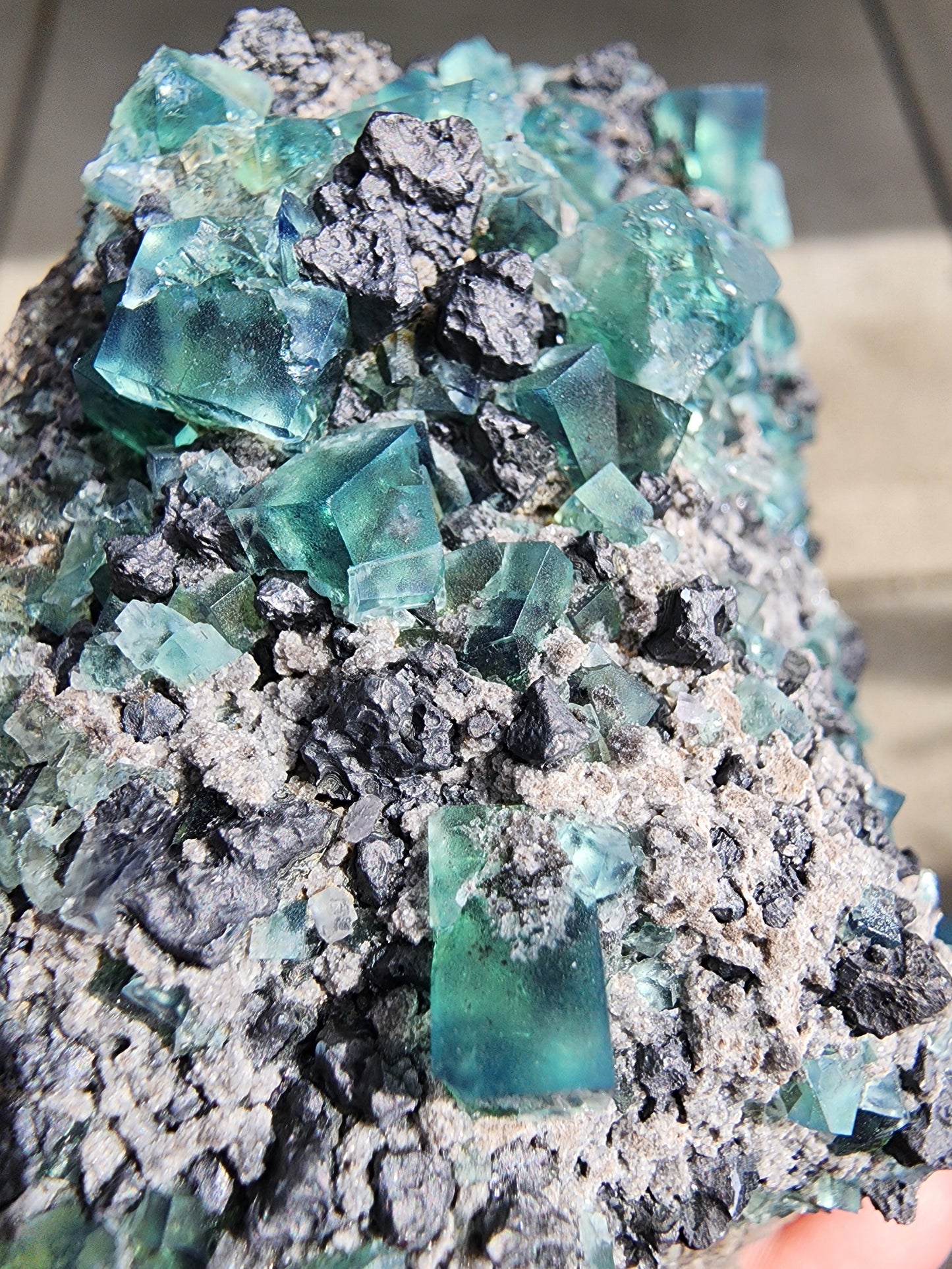 A close-up of The Crystalary Fluorite w/ Galena- Heavy Metal Pocket from the Diana Marie Mine in Weardale, County Durham, England. The mineral specimen features blue-green fluorite interspersed with dark, rough-textured metallic-looking bits of galena crystals. The vivid colors and contrasting textures create a striking visual effect against the slightly blurred background.