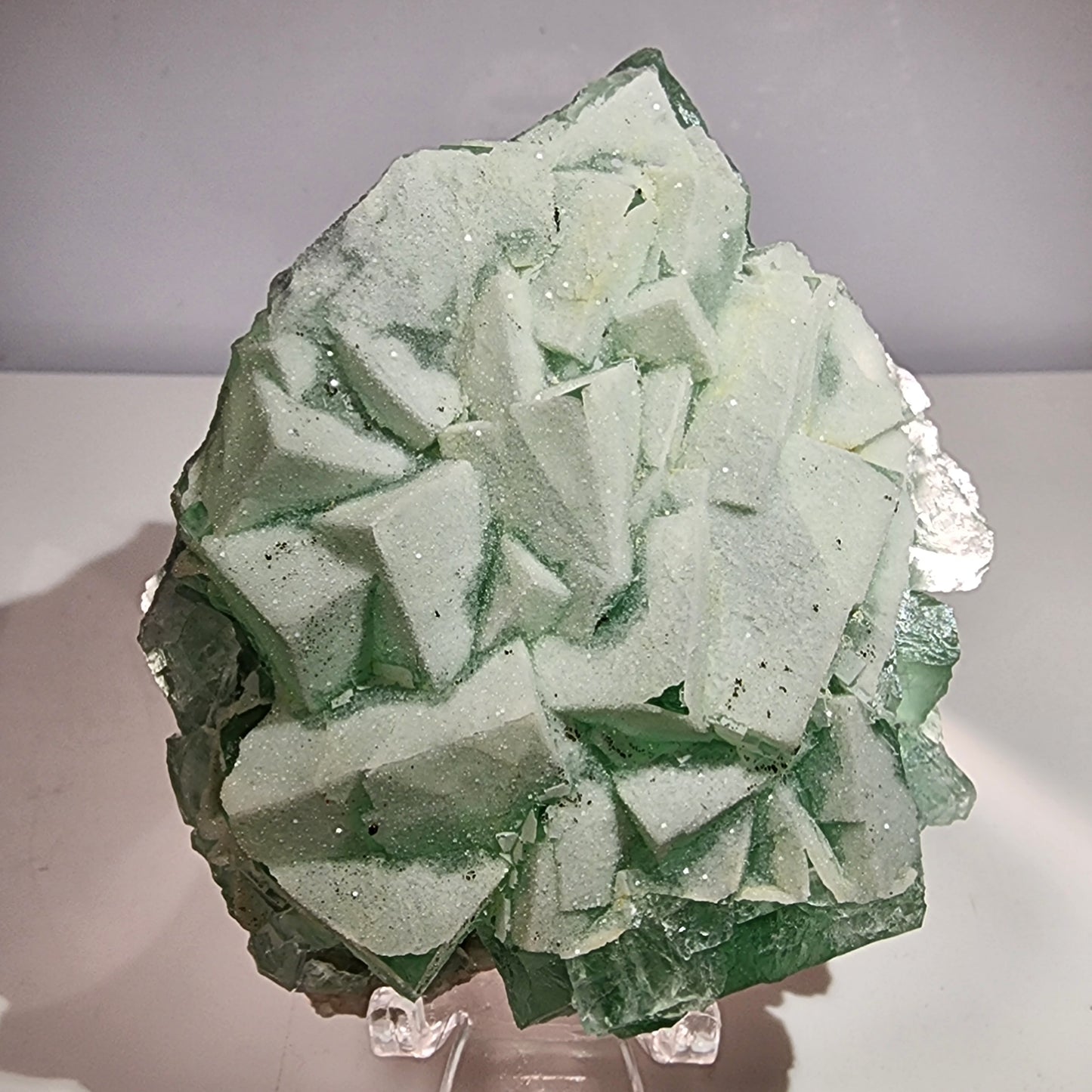 A large, translucent seafoam green fluorite crystal from The Crystalary's Fluorite-Yaogangxian with Mico "Sugar" Quartz collection rests on a white background. Weighing 248 grams, this rough, angular crystal catches the light on its facets, revealing various shades of green and intricate patterns. It is displayed elegantly on a clear stand.