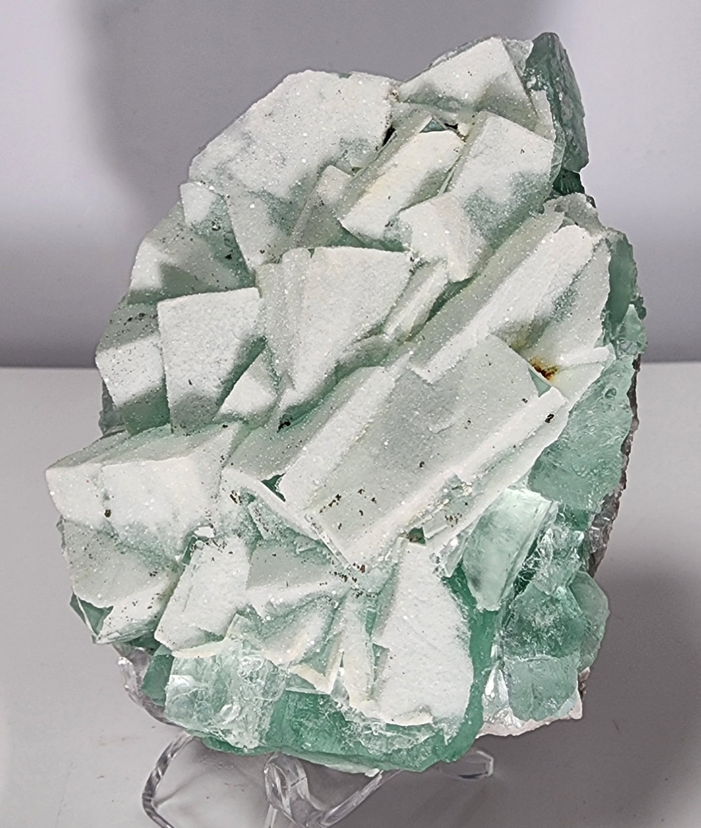 A close-up image showcases the Fluorite-Yaogangxian with Micro "Sugar" Quartz from The Crystalary, featuring a large cluster of seafoam green fluorite crystals adorned with a white frosty coating. Weighing 248 grams, the jagged and uneven structure displays glossy surfaces accentuated by reflections, while sugary micro quartz accents add texture. The background remains plain and neutral.