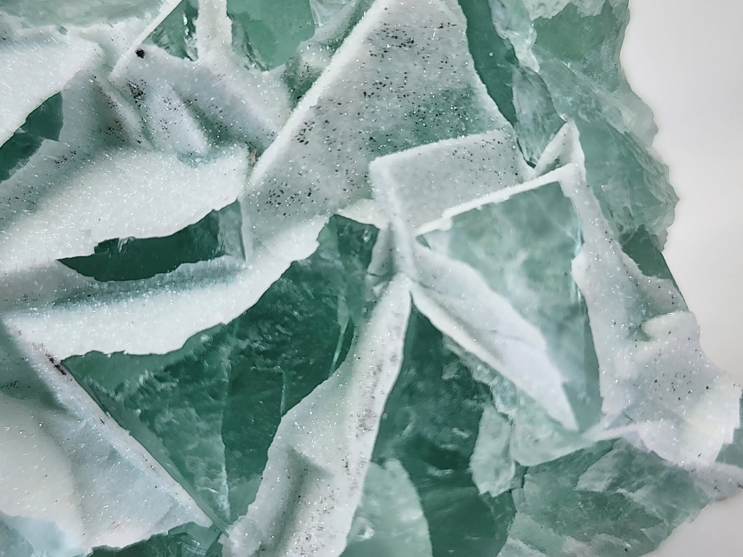 A close-up image from The Crystalary's Fluorite-Yaogangxian with Micro "Sugar" Quartz showcases jagged, translucent green glass shards, some lightly dusted with white, powdery micro quartz. This composition has an abstract and textured appearance reminiscent of a seafoam green fluorite mineral specimen.