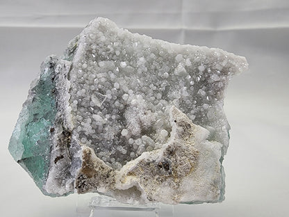 A close-up image of the Fluorite-Yaogangxian with Micro "Sugar" Quartz from The Crystalary showcases a rough, irregularly shaped surface adorned with a blend of white and pale green tones. The specimen exhibits multiple textures, featuring small, glittering micro quartz crystals and larger, cloudy formations suggestive of seafoam green fluorite.