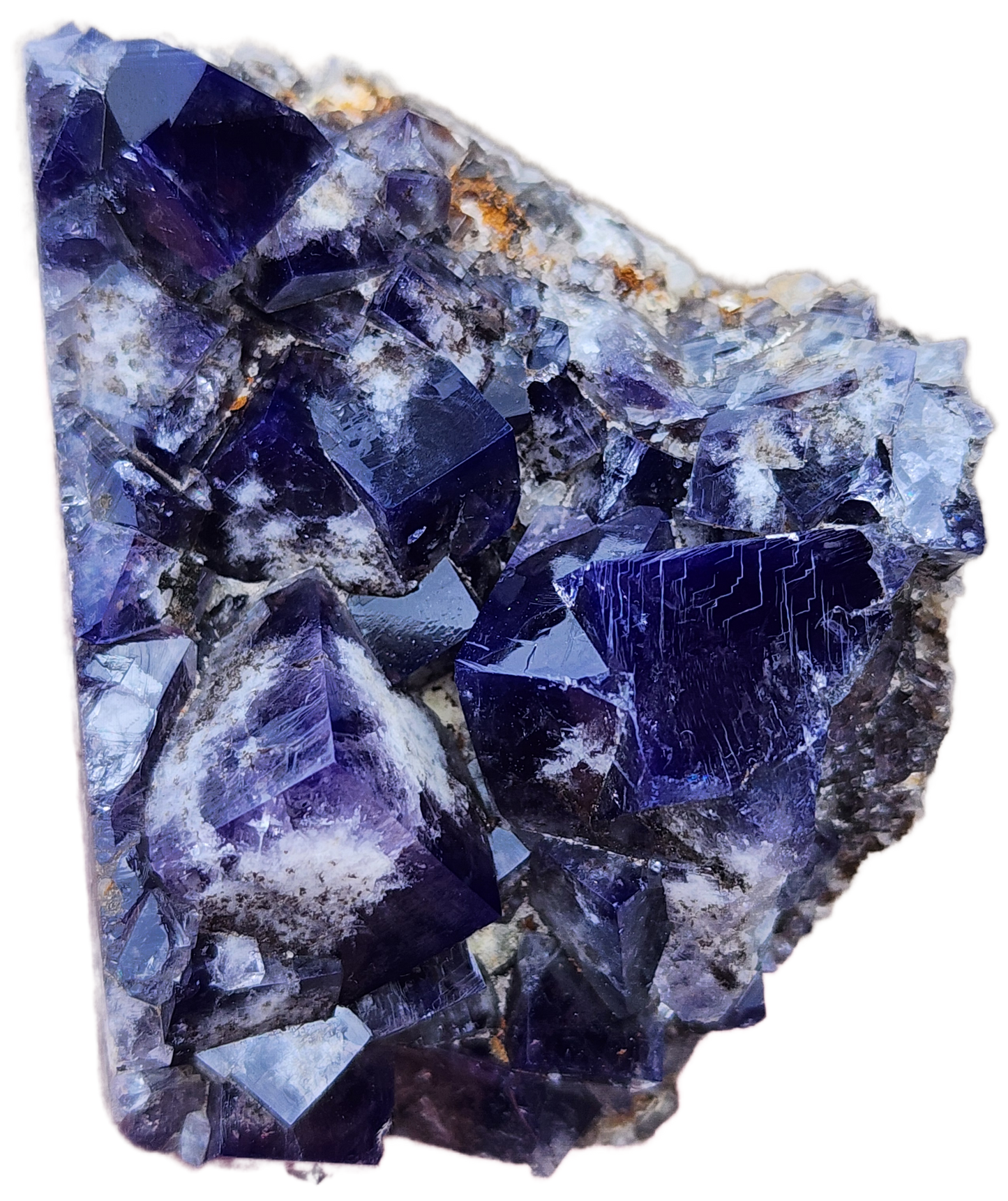 A substantial and rough Weardale cluster of deep purple cubic fluorite crystals sourced from the Yum Yum Pocket at the Diana Maria Mine is embedded in a rocky matrix. The crystals showcase smooth, reflective surfaces and vary in size, with the largest ones prominently jutting out. The rock matrix is lighter in color, accented with hints of orange and white. This exquisite piece is offered by The Crystalary under the name Fluorite - Yum Yum Pocket, Diana Maria Mine, Frosterley, Weardale, England.