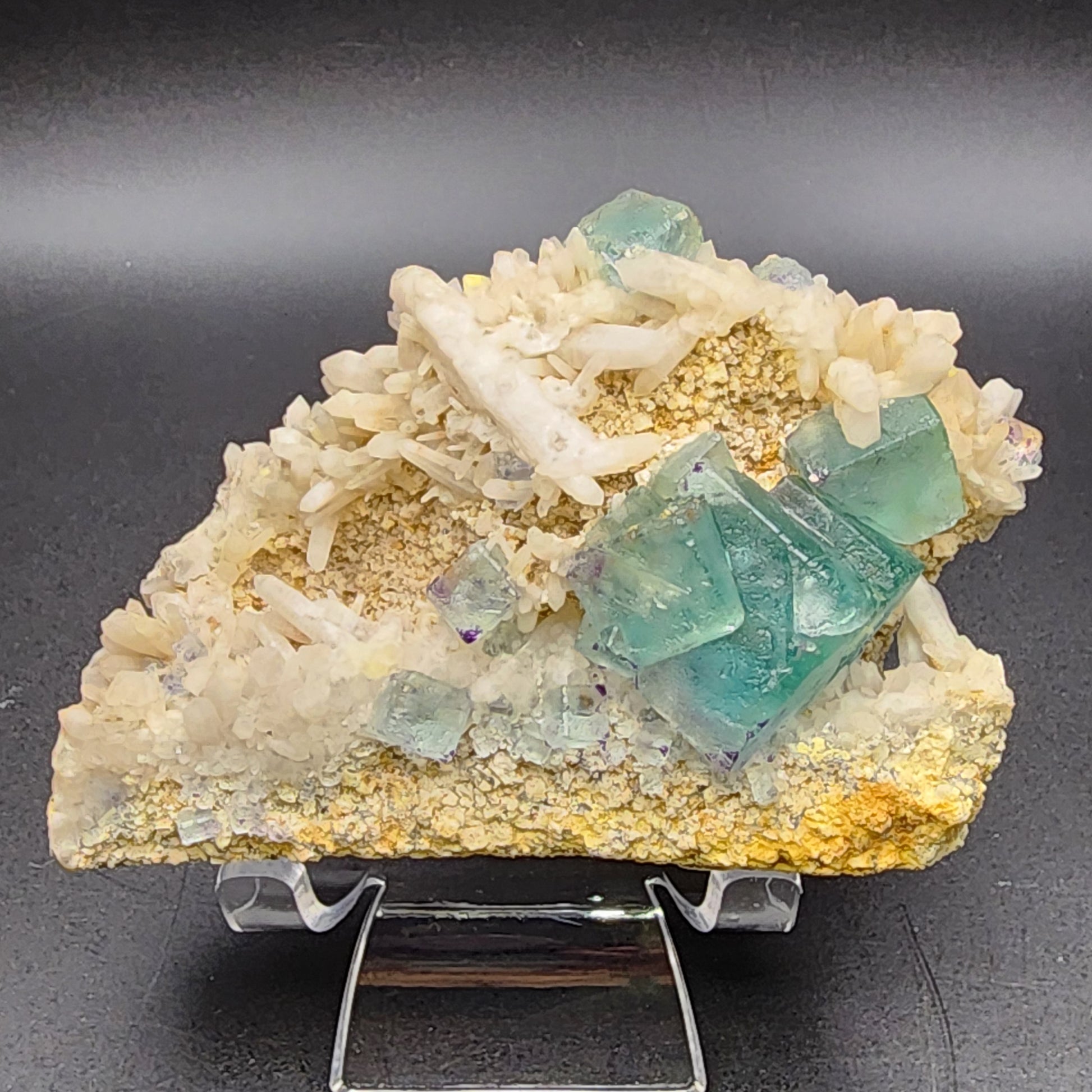 Displayed against a dark background, the Fluorite/Milky Quartz specimen from The Crystalary, sourced from the Brandberg Area in the Dâures Constituency of Namibia's Erongo Region, features sea green aqua fluorite cubes surrounded by off-white barite crystals on a pale yellow matrix. This arrangement creates a striking contrast between the vibrant fluorite and the muted barite.