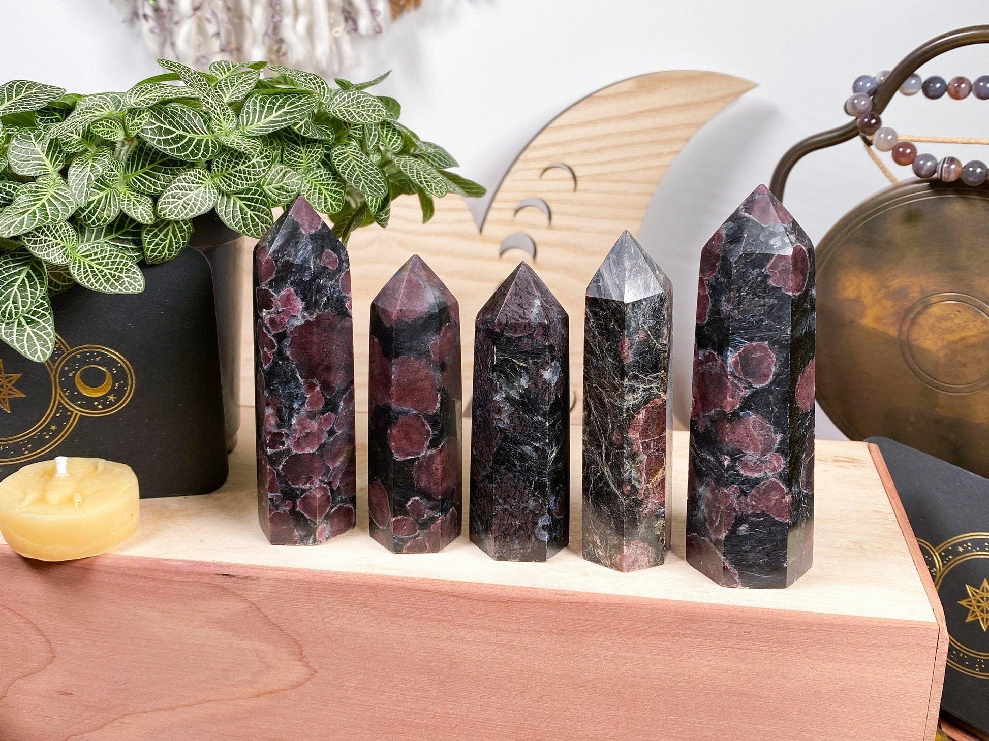 Five polished Garnet Crystal Points from The Crystalary stand upright on a wooden surface. Each crystal boasts unique colors and patterns, dark with reddish spots, varying slightly in height and shape. The background features a potted plant, a decorative wooden moon, and ceremonial items, including a small candle.