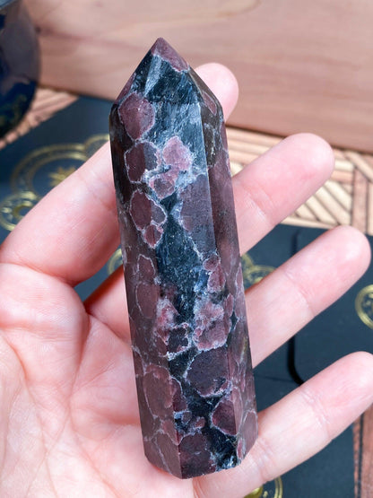 A hand holding The Crystalary's Garnet Crystal Point featuring a polished, hexagonal design with Arfvedsonite. The surface showcases irregular spots of deep red amid a black base, creating a textured and natural pattern. In the background, there's a wooden surface adorned with decorative coasters.