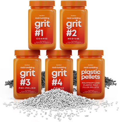 Image of five orange jars labeled "Grit Refill" by Dan&Darci, showing different stages: #1 Coarse, #2 Medium, #3 Pre-Polish, and #4 Polish. Additionally, there is a jar of plastic pellets. The jars are arranged in two rows with corresponding piles of grit and pellets in front. Ideal for creating gems or as refill bottles.