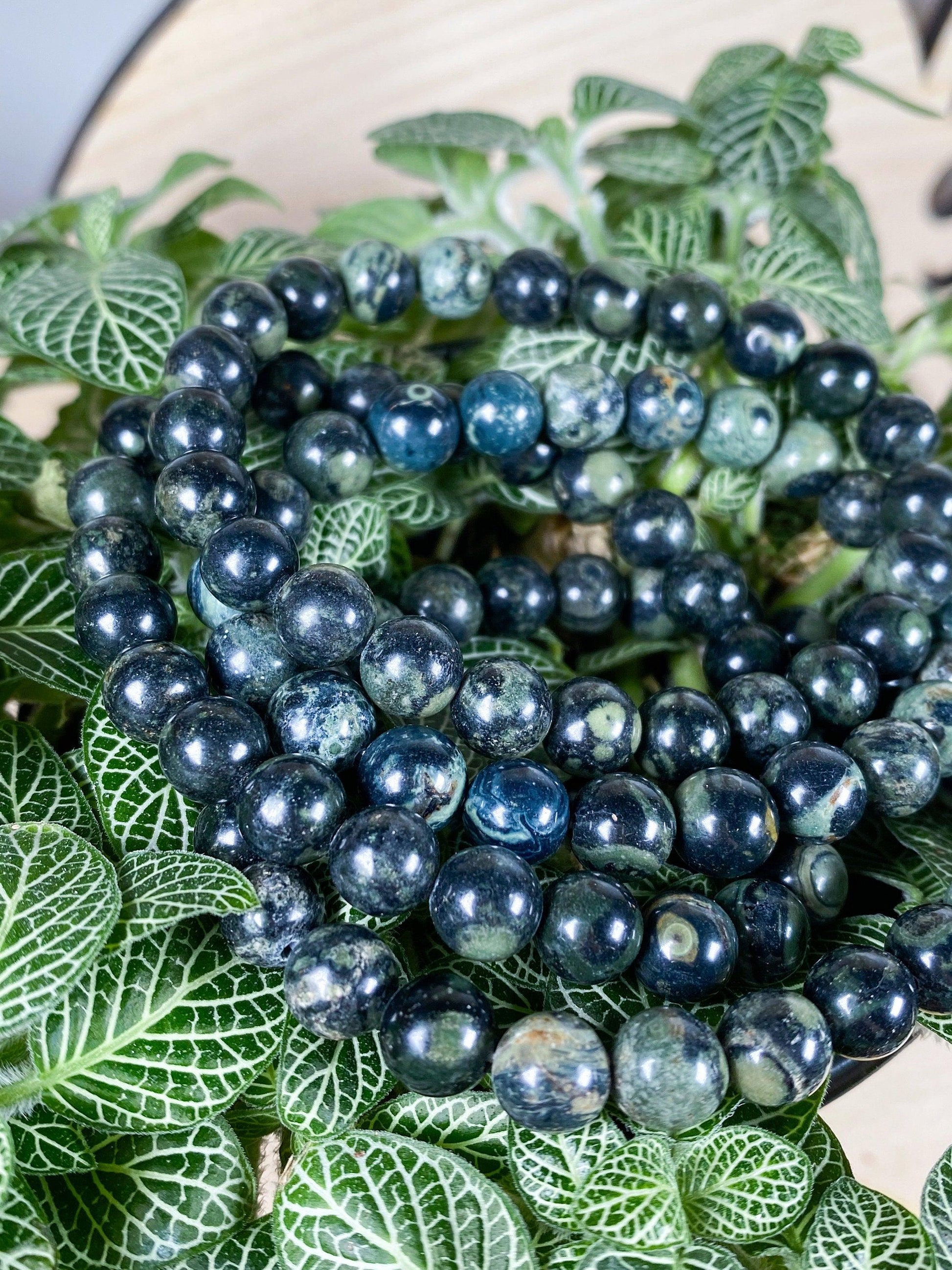 A Kambaba Jasper (Green Stromatolite) Crystal Bracelet, a 7.5-inch creation from The Crystalary, rests coiled atop a lush green leafy plant with white veining, set against a wooden background.