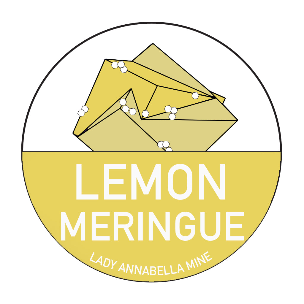 A full-color logo featuring a circular design with a yellow lower half and a white upper half. In the upper half, there are stylized, geometric lemon meringue pie slices adorned with white dots. The text "LEMON MERINGUE" and "LADY ANNABELLA MINE" is in the lower half, making it ideal for Lady Annabella Passport Stickers by The Crystalary.