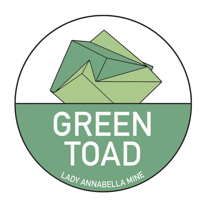 The Lady Annabella Passport Stickers by The Crystalary feature a circular logo with a green geometric origami toad above the words "GREEN TOAD" in white text. Below, "LADY ANNABELLA MINE" and "Fluorite Passport" are written in smaller white text. The background is split, with the upper half in white and the lower half in green, making them ideal for full-color stickers.