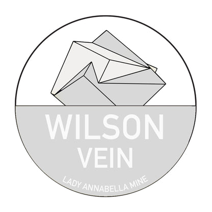 The circular logo features stylized, angular geometric shapes resembling a crystal or mineral in full color. Below the shapes, the text reads "WILSON VEIN" in bold, capital letters. At the bottom, smaller text reads "LADY ANNABELLA MINE." The background is white and gray. Ideal for Lady Annabella Passport Stickers by The Crystalary.