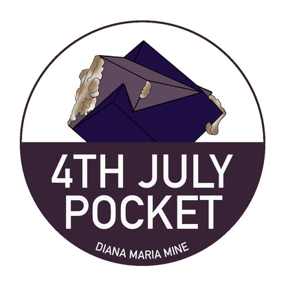 A circular emblem featuring an illustration of a mineral specimen, potentially a purple and white crystal, at the top with the text "4TH JULY POCKET" prominently displayed below. The bottom text reads "DIANA MARIA MINE." The vibrant design has a white background, making it ideal for Lady Annabella Passport Stickers by The Crystalary.