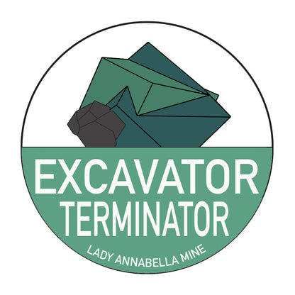 A circular logo in full color showcases an abstract geometric design that resembles dark and green crystals at the top. Below the image, bold text reads "EXCAVATOR TERMINATOR," with smaller text underneath stating "LADY ANNABELLA MINE." The background is white, making it perfect for stickers. This design is featured on the Lady Annabella Passport Stickers by The Crystalary.