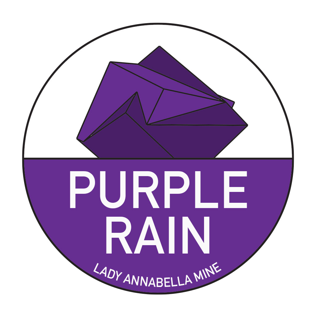 A circular logo showcases a stylized purple crystal at the top, with the text "PURPLE RAIN" in large white letters on a purple background beneath it. At the bottom, "LADY ANNABELLA MINE" is written in smaller white letters on a white background, making it perfect for full-color stickers or your Lady Annabella Passport Stickers from The Crystalary.