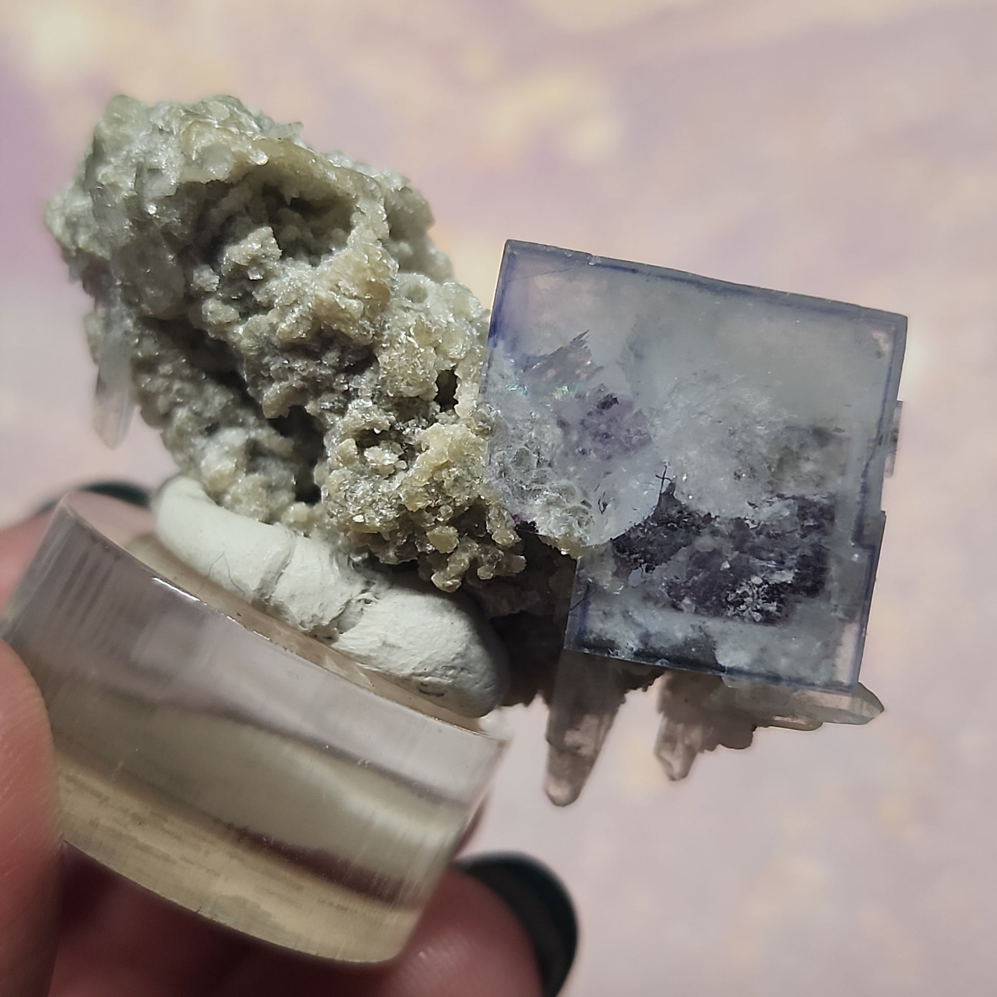 A hand holds a display stand featuring "LIVE- Blake - 12/21/23," a YGX-39 cubic fluorite crystal by The Crystalary, partially embedded in a cluster of light-colored, rough, and jagged mineral formations. The background is softly blurred, bringing focus to the detailed texture and structure of the minerals.